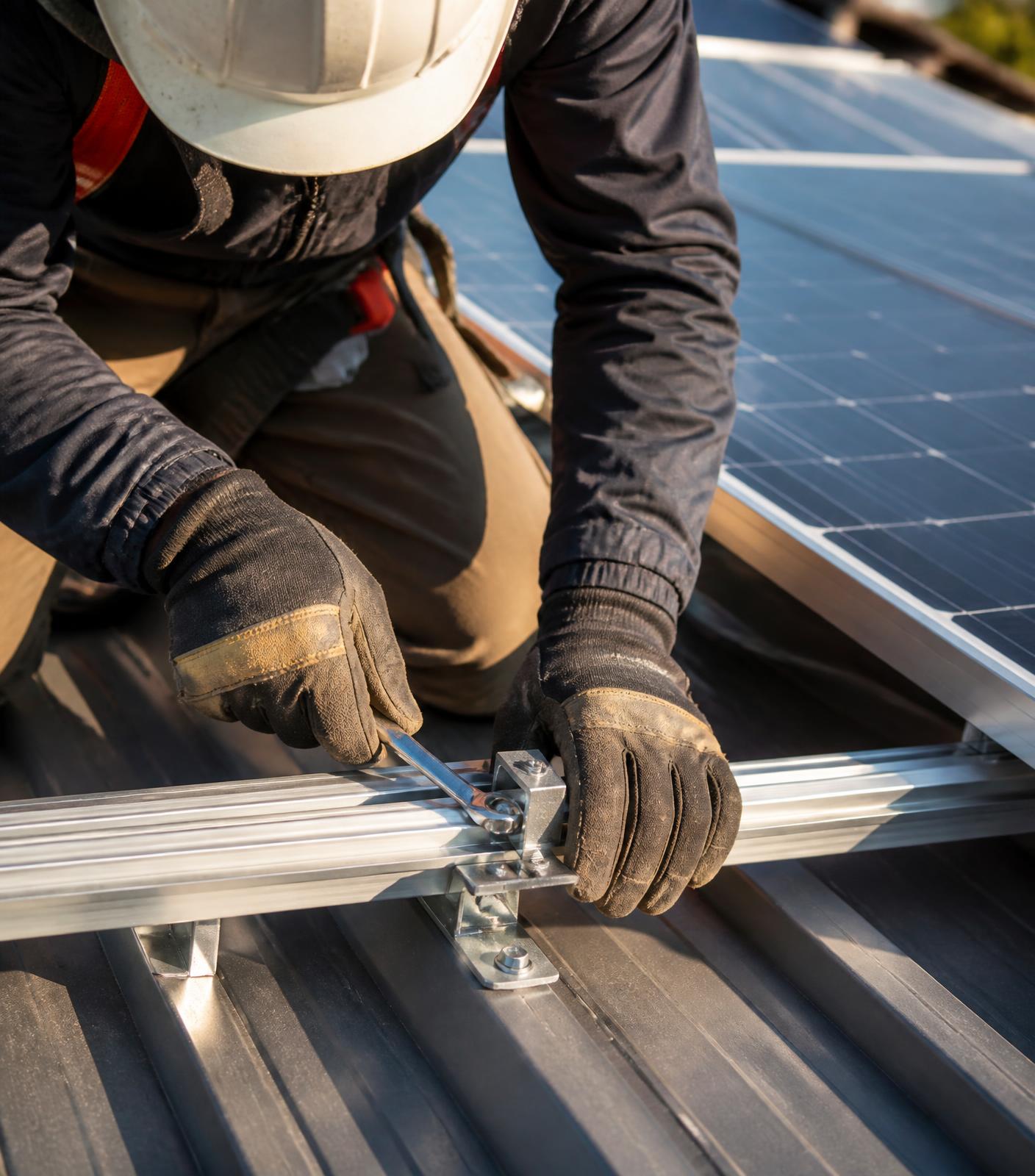 Installer fastening a mounting rail for solar panels